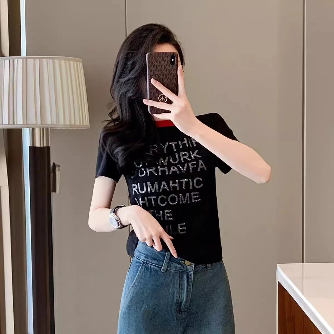 夏季潮牌字母印花短袖短袖恤女新款夏装洋气减龄内搭正肩上衣