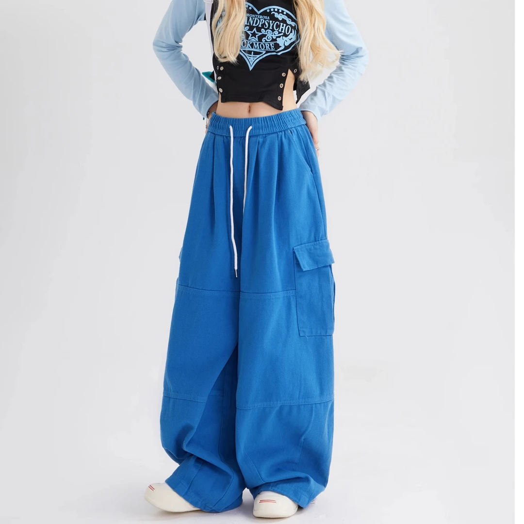美式复古少女多巴胺深蓝色工装裤宽松百搭阔腿拖地裤春秋休闲裤女