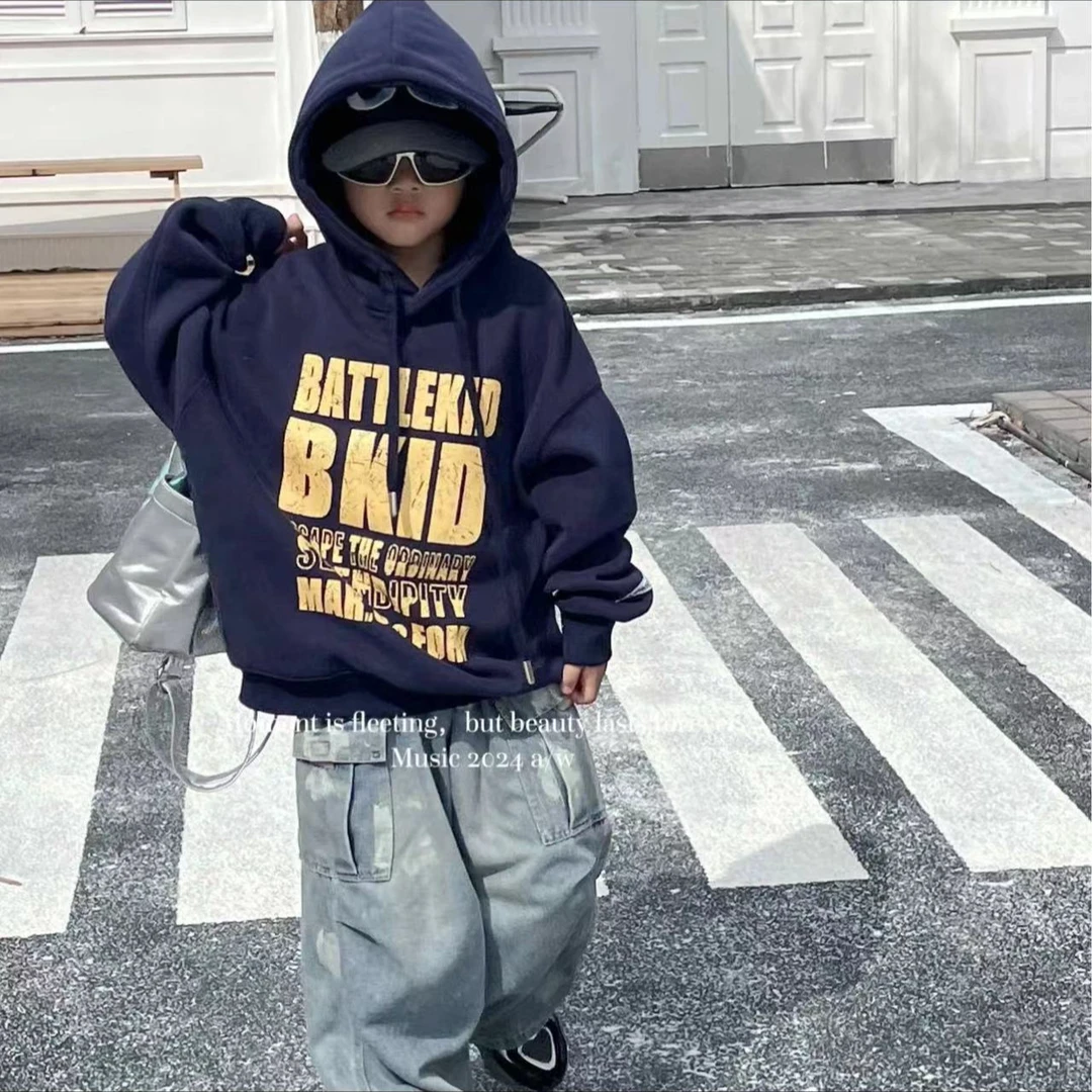 【加绒】儿童字母连帽卫衣女童男童宽松中大童印花韩版秋冬洋气