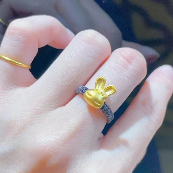黄金兔子戒指女999足金生肖兔手工编织兔转运珠 黄金兔