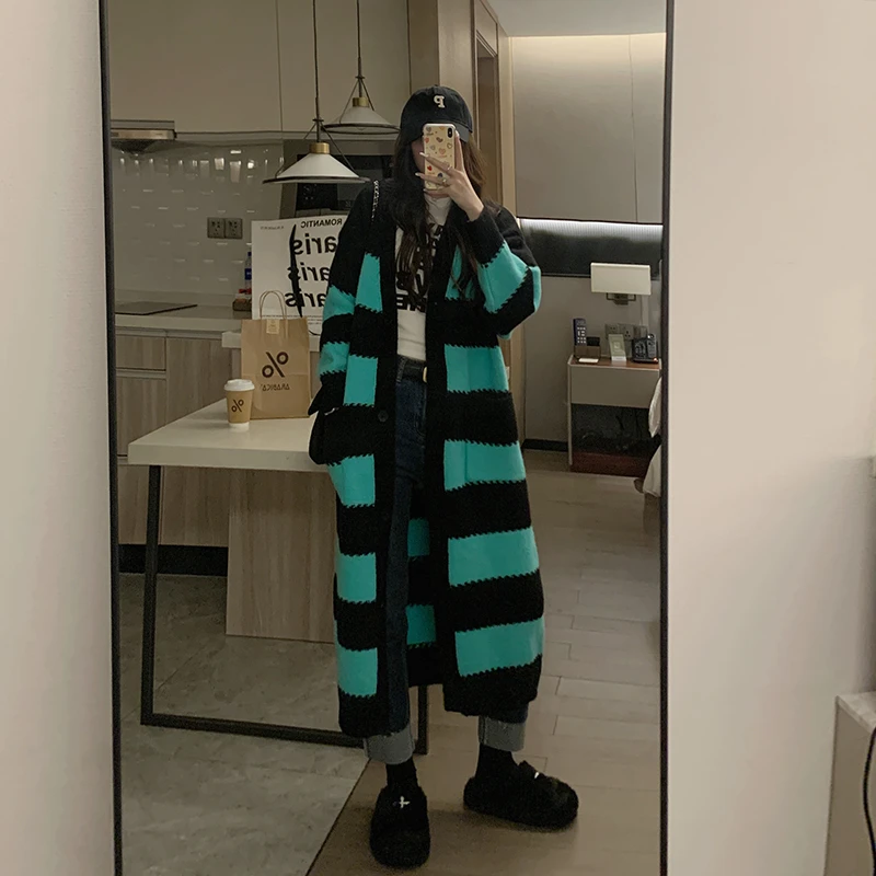 条纹长款针织开衫女秋冬百搭宽松慵懒风撞色毛衣外套复古秋季韩版