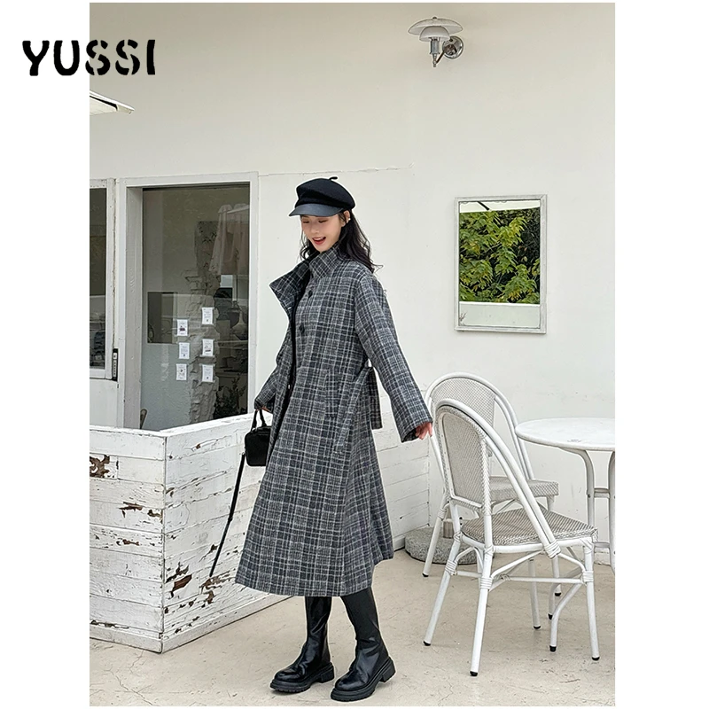 YUSSI|秋冬氛围感古典格子呢长款大衣