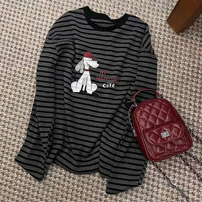 秋冬新款韩版休闲宽松大版长袖条纹设计感上衣复古减龄卡通印花