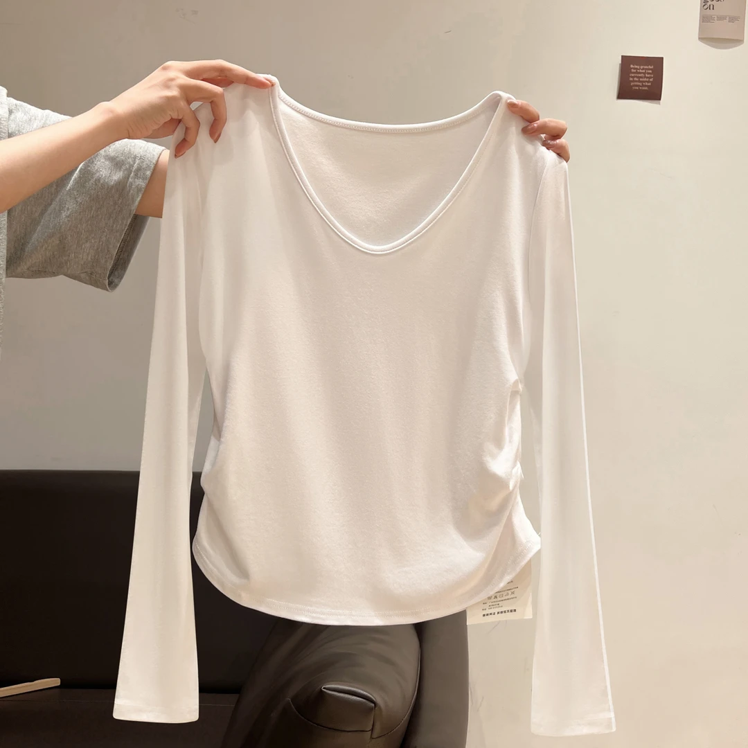 2024秋冬季新款显白低u领长袖T恤女内搭甜辣妹褶皱收腰打底衫百搭
