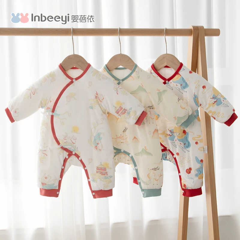 婴蓓依婴儿连体衣中国风拜年服秋冬夹棉宝宝双层护肚冬季哈衣长袖