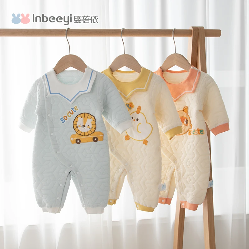 婴蓓依0-3个月新生婴儿保暖连体衣秋冬百天宝宝卡通哈衣外出抱服