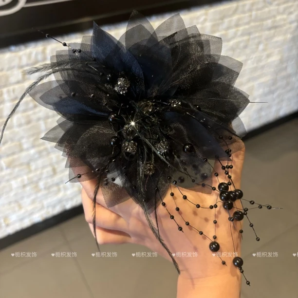 气质百搭超仙甜美小众设计鲨鱼夹手工原创黑色时尚珠珠发饰发夹