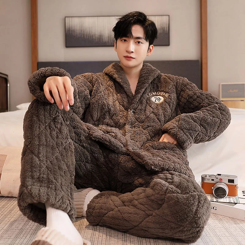 睡衣男士冬季珊瑚绒夹棉加厚加绒套装韩版大码法兰绒青年家居服