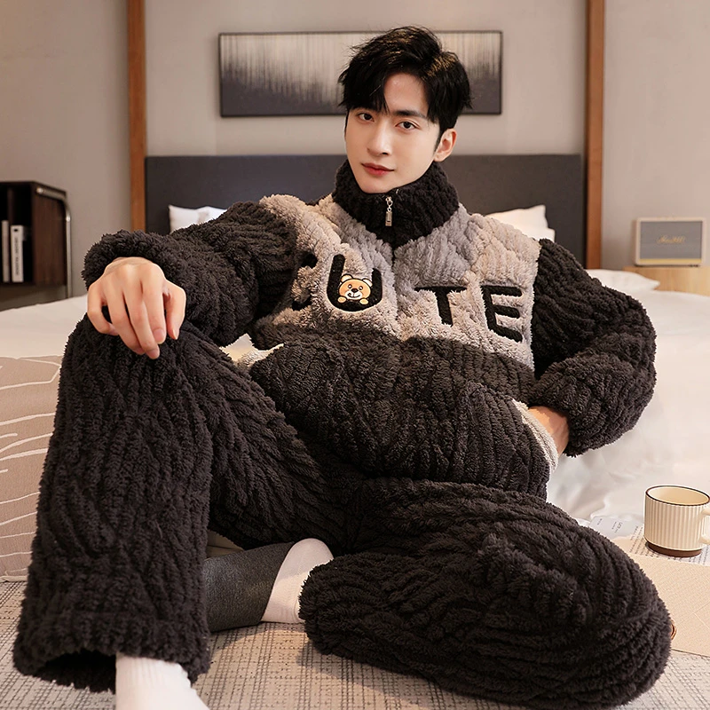 冬季新款男士加厚加绒三层夹棉睡衣开衫休闲珊瑚绒外穿家居服套装