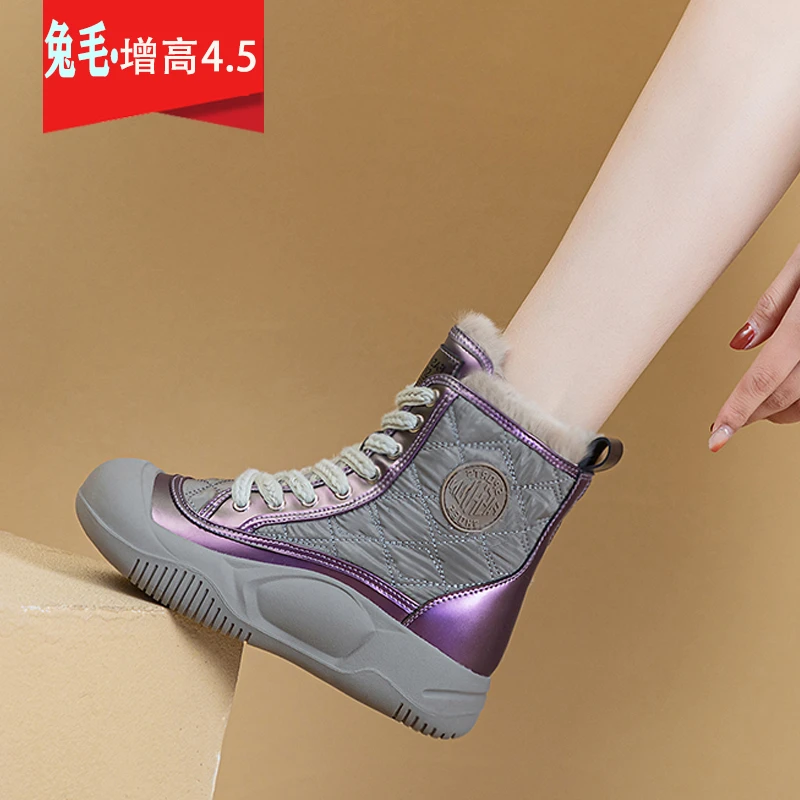 头层牛皮雪地靴女秋冬兔毛加绒加厚保暖短靴厚底高帮显脚小棉靴子