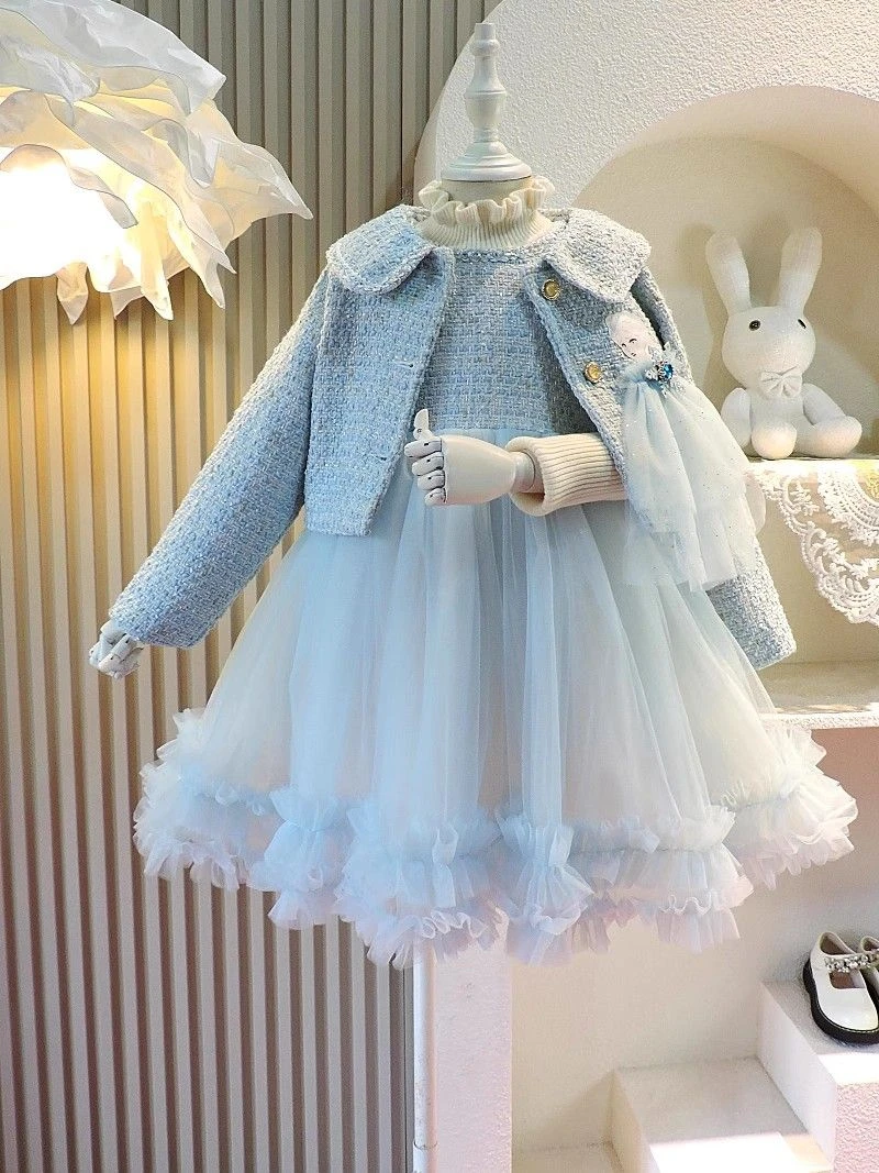 女童爱莎公主裙套装 女孩马甲小香风外套蓝色艾沙 秋季新款2023冬