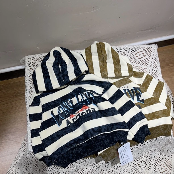 S3-7。22126男童加绒条纹卫衣冬装儿童宝宝保暖洋气秋冬连帽上衣