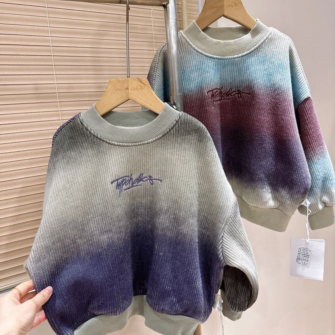 R2-1。66386橘子冬款一体绒男童时尚潮流扎染圆领卫衣