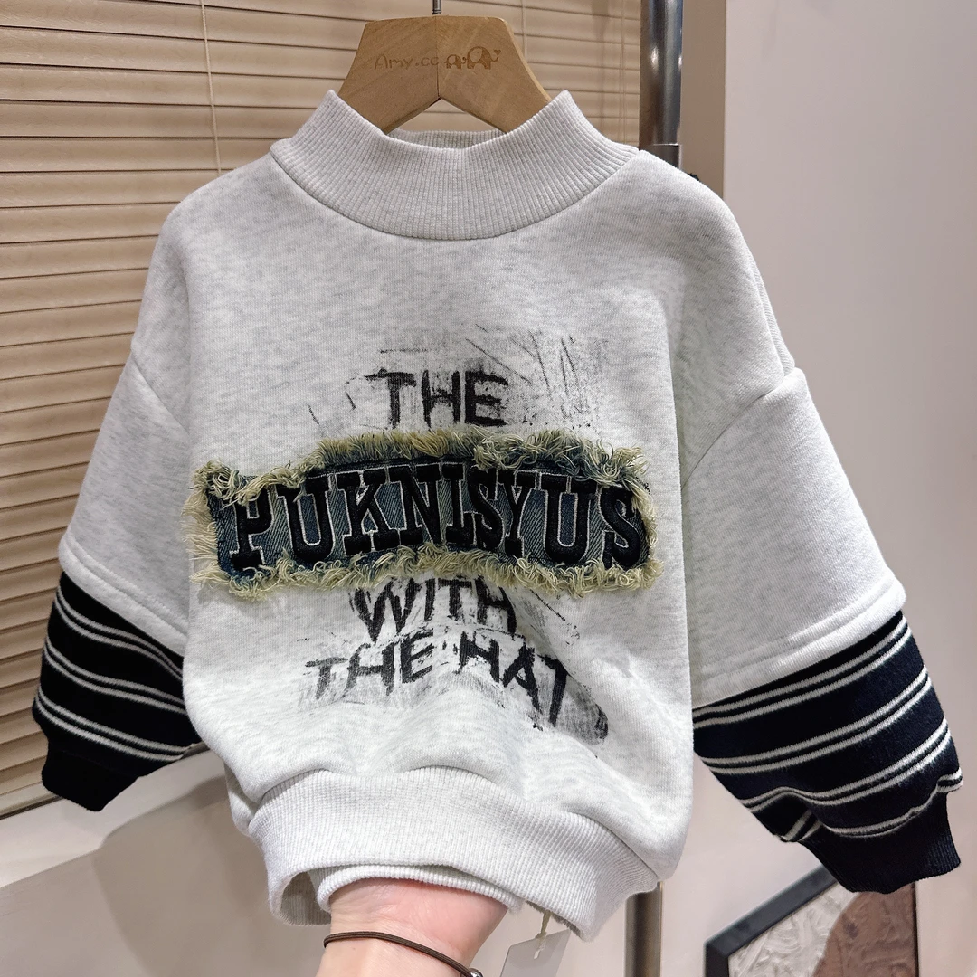 R1-4。058橘子冬款一体绒圆领男童时尚潮流假两件卫衣