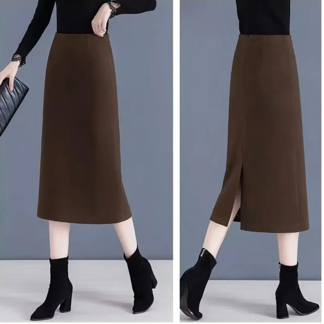毛呢显瘦半身裙高腰后开叉秋冬季中长款包臀裙时尚百搭一步裙