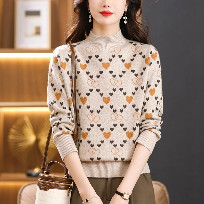 恒源祥集团提花毛衣女秋冬2023新款妈妈装爱心印花针织上衣半高领