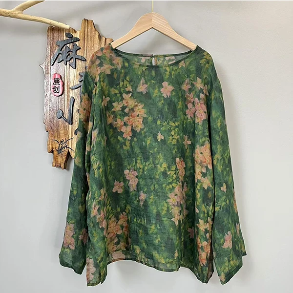 麻韵-春夏新款100支纯苎麻衬衫数码印花圆领长袖休闲百搭洋气防晒