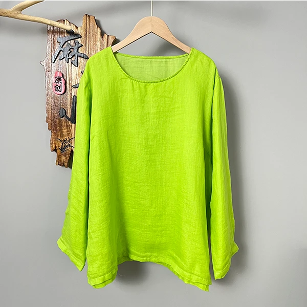 麻韵-春款100支纯苎麻双层小衫圆领长袖纯色显瘦宽松休闲苎麻小衫