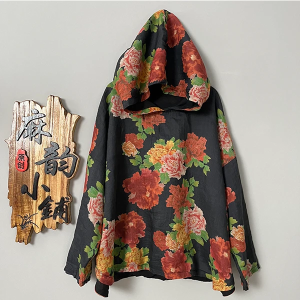 麻韵-春款女装100支纯苎麻双层连帽衬衫长袖印花百搭宽松休闲显瘦