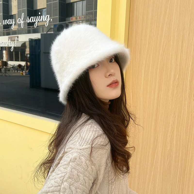 渔夫帽子女冬韩版白色时尚洋气水桶帽秋冬季保暖显脸小兔毛绒盆帽