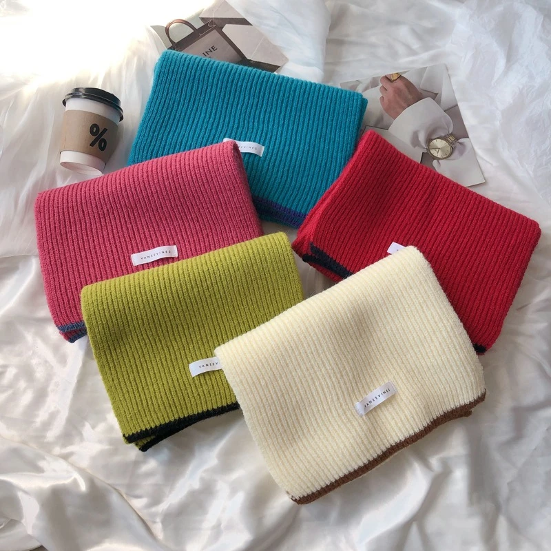 韩版字母贴标纯色针织条纹围巾女秋冬保暖情侣休闲百搭学生围脖