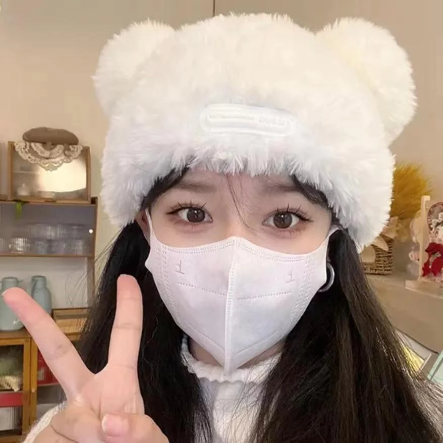 秋冬季保暖卡通小熊可爱耳朵针织帽子日系护耳百搭女毛线帽套头帽