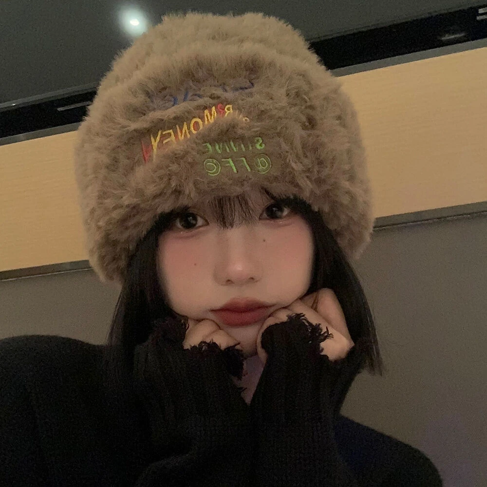 毛茸茸针织帽女秋冬季日系大头围加厚保暖毛线帽韩版显脸小帽子潮