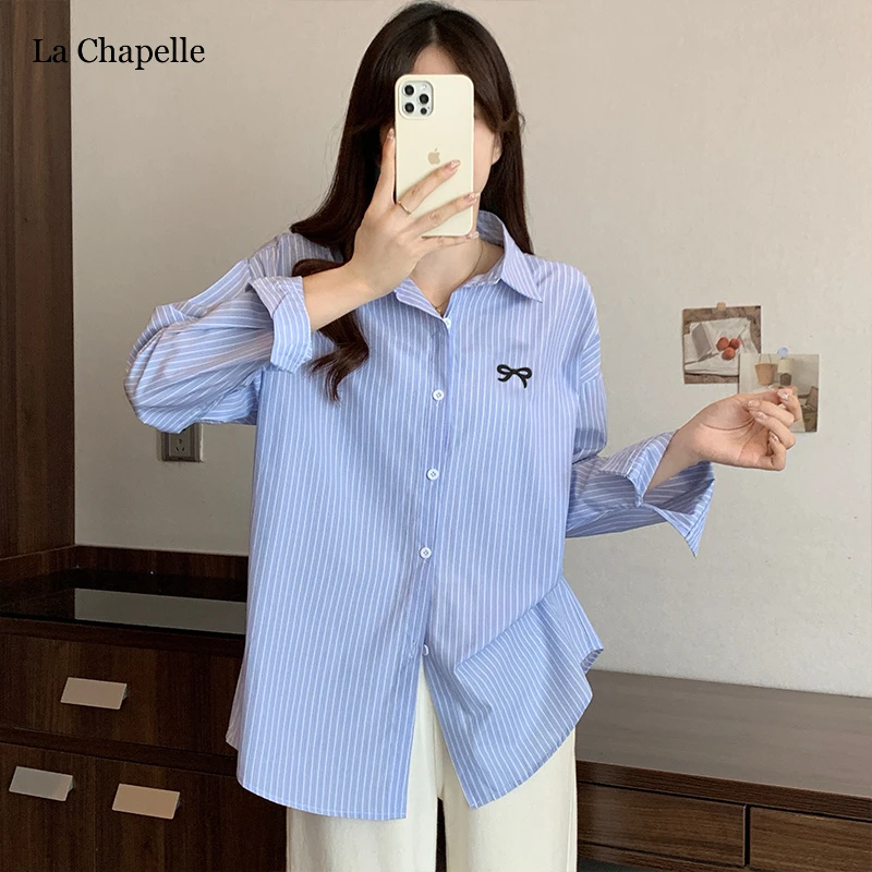 拉夏贝尔盐系通勤衣服蓝条纹刺绣蝴蝶结长袖衬衫休闲百搭洋气衬衣