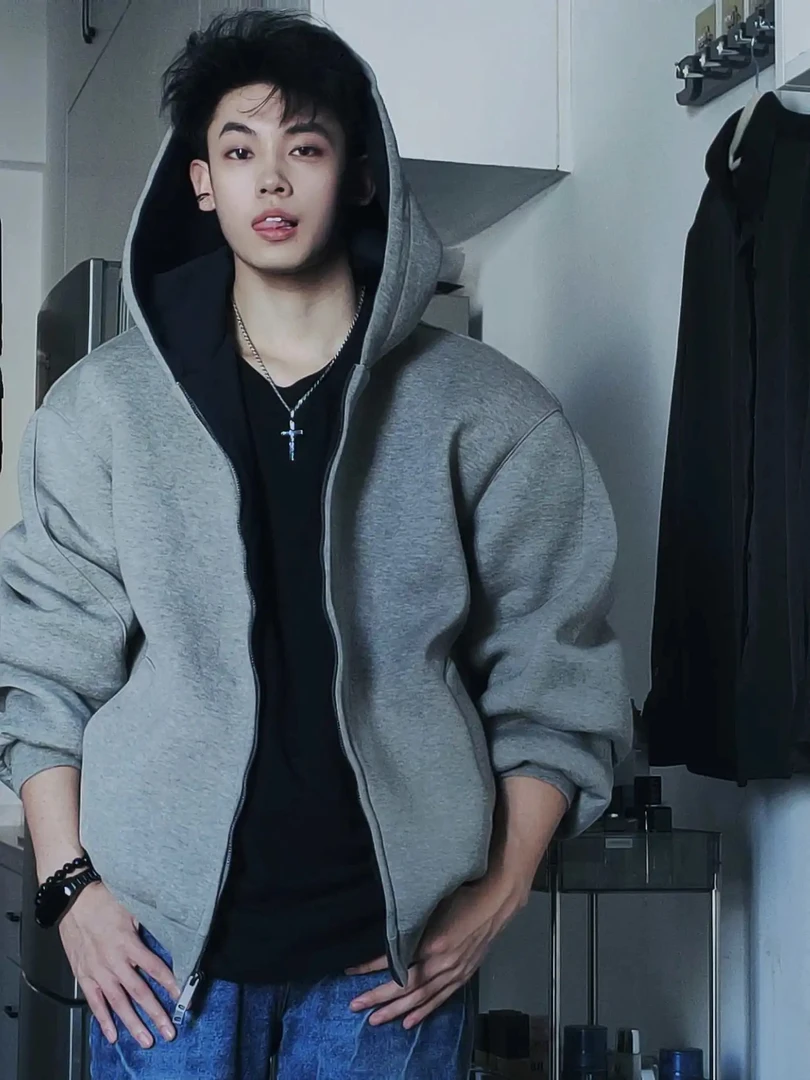 2024新款重磅连帽卫衣美式拉链开衫男女春秋宽松纯色情侣外套