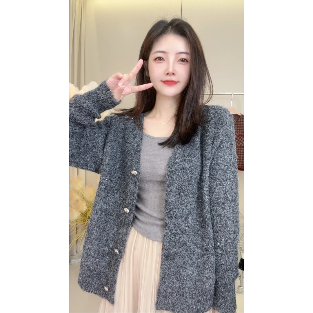 中长款V领长袖慵懒风灰色针织开衫时尚毛衣外套女