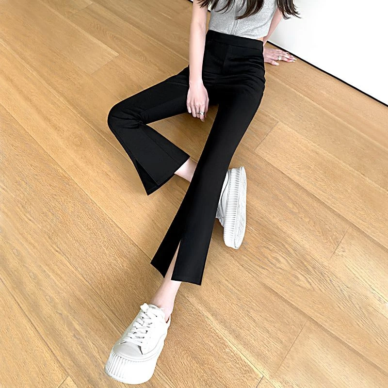 弹力开叉微喇叭九分裤女2025夏季修身小个子显瘦高腰七八分休闲裤