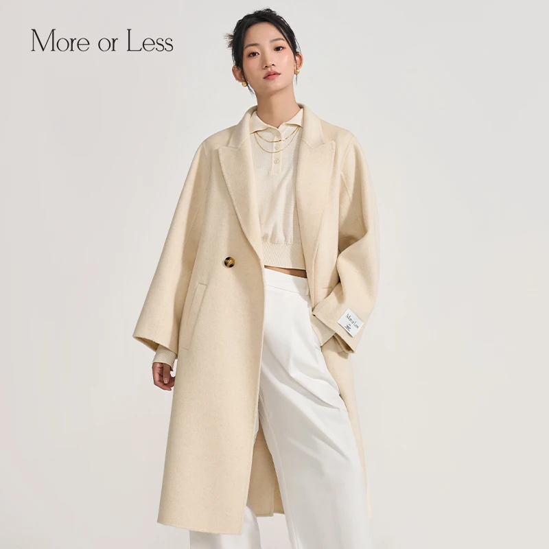 MORE OR LESS/用度秋冬气质绵羊毛长款系带双面呢大衣时尚中长款