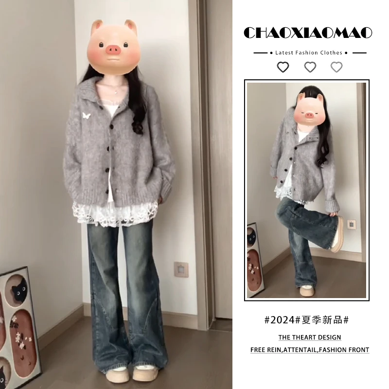 2025年春季新款穿搭套装女时尚甜美开衫毛衣蕾丝内搭牛仔裤三件套