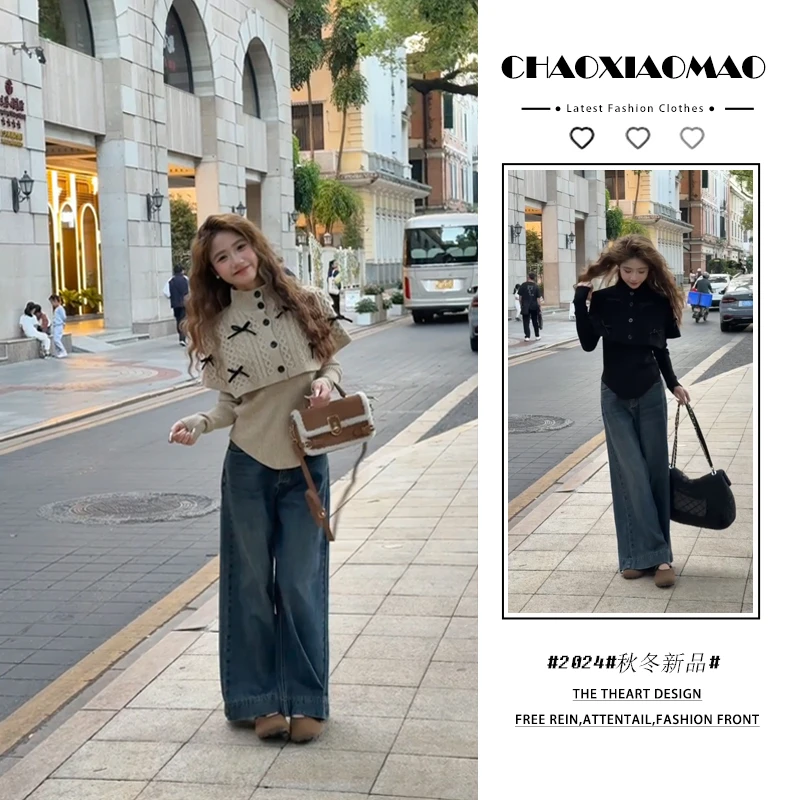 2024年秋季新款韩穿搭套装女设计感甜美气质时尚毛衣牛仔裤两件套