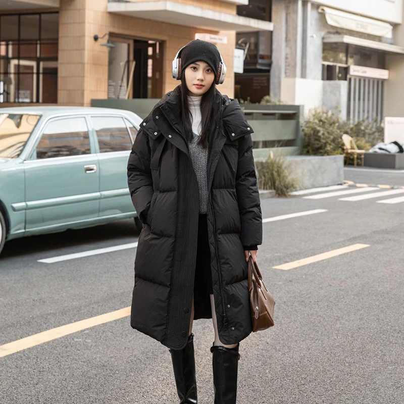 长款连帽羽绒服女2024年新宽松加厚百搭防风保暖纯色90白鸭绒外套