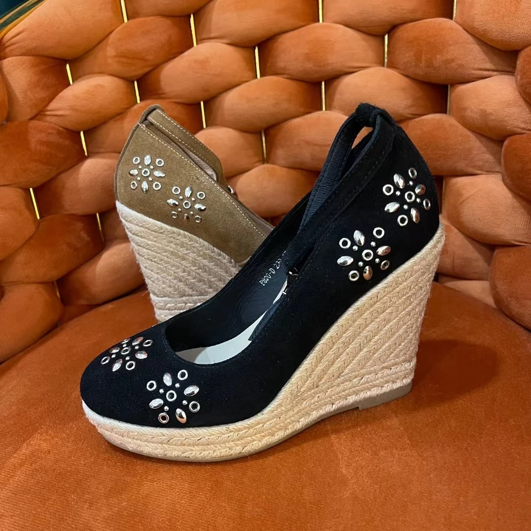 820-D新款女鞋夏季复古镂空高跟民族风坡跟单鞋时尚百搭透气软底