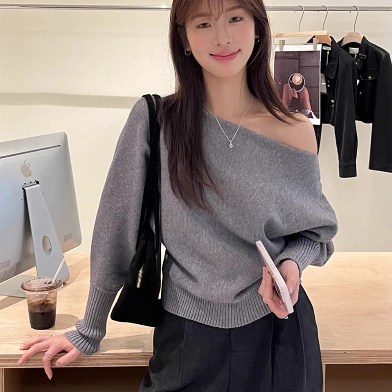 韩系女装一字领露肩软糯毛衣2024秋季新款纯色套头针织衫