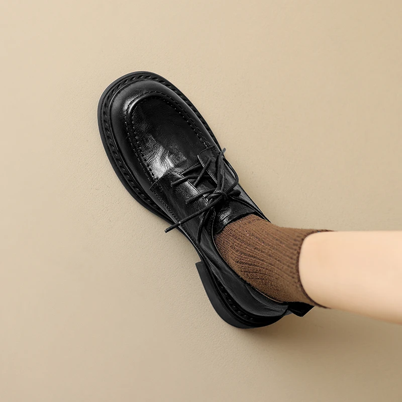 4cm~大码女鞋厚底乐福鞋圆头真皮系带深口单鞋英伦风小皮鞋休闲鞋