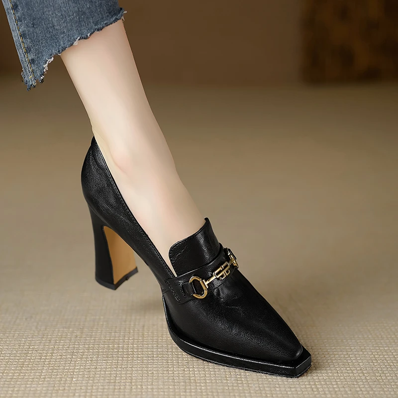 9cm~深口单鞋女春秋新款黑色真皮尖头高跟鞋皮鞋百搭舒适粗跟女鞋