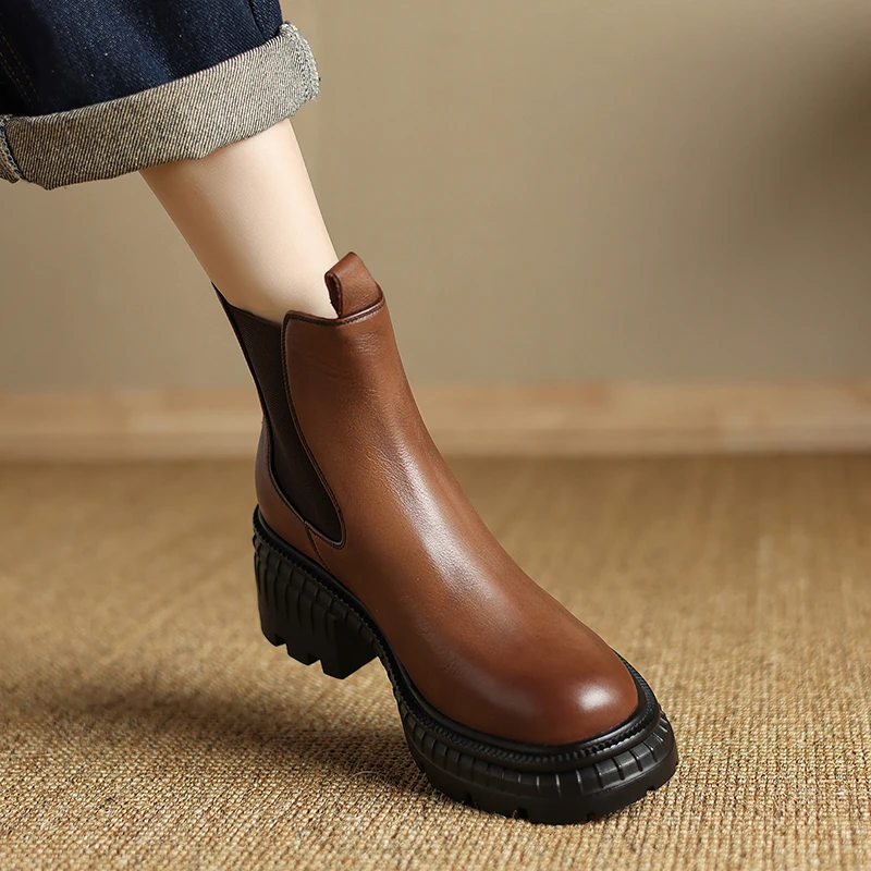 小个子增高6.5cm~厚底切尔西靴女秋冬加绒烟筒靴英伦松糕短靴棕色