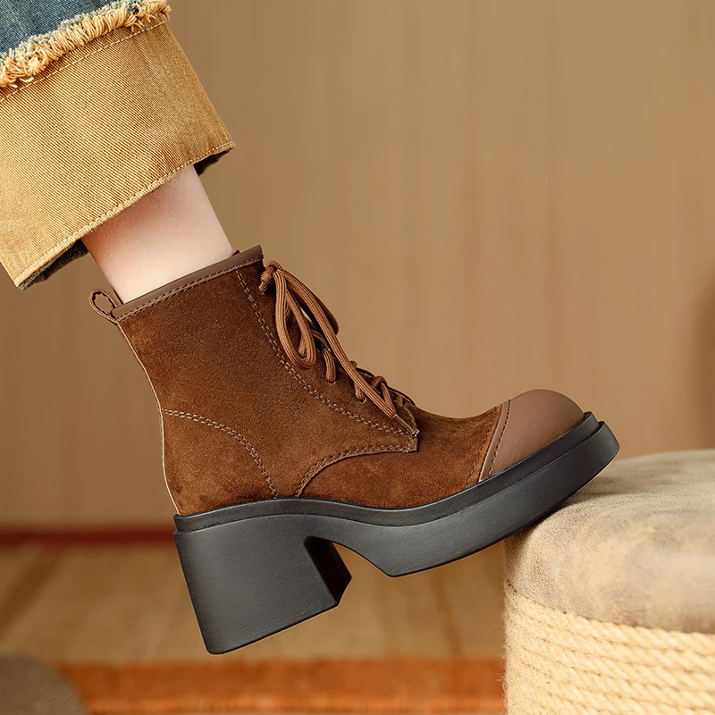 小个子增高8cm~高跟系带马丁靴女英伦风厚底短靴时尚拼接复古靴子