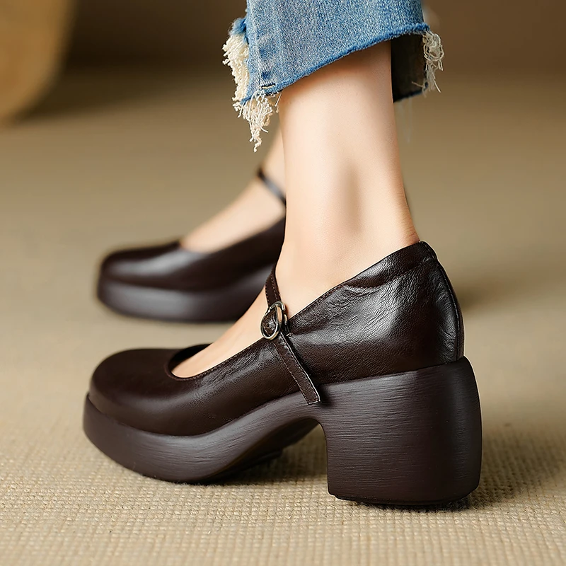 7cm~小个子真皮防水台浅口单鞋一字带玛丽珍鞋学院风厚底女鞋复古