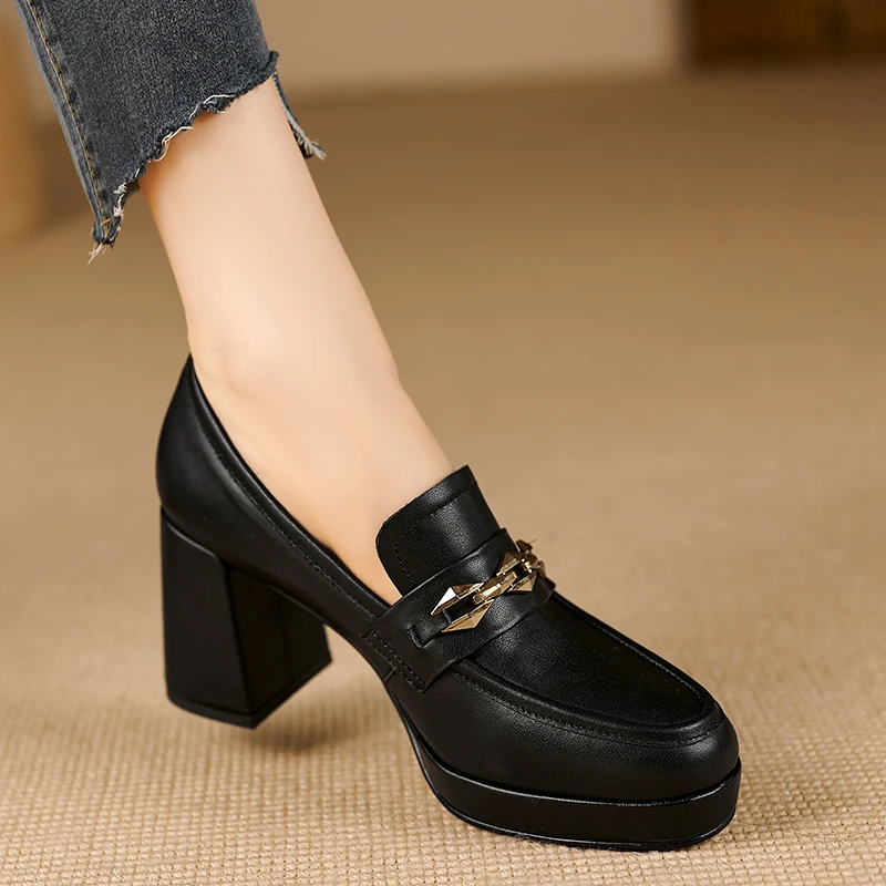 8cm~真皮一脚蹬圆头乐福鞋防水台高跟鞋气质粗跟单鞋英伦风小皮鞋