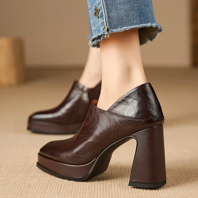 9cm~深口单鞋2025新款真皮复古百搭高跟鞋春秋粗跟小皮鞋女英伦风