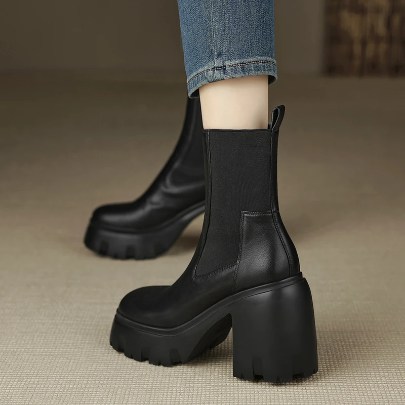 9.5cm~切尔西靴短靴女春秋厚底单靴圆头真皮烟筒靴工装靴子瘦瘦靴