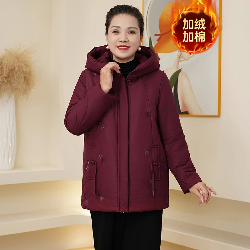 中老年女装妈妈装秋冬新中式绣花棉衣连帽双口袋棉袄拉链加绒棉服