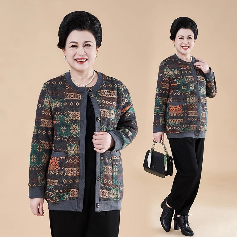 秋季中老年女装妈妈装时尚气质针织毛衣外套大码妈妈装加厚开衫女