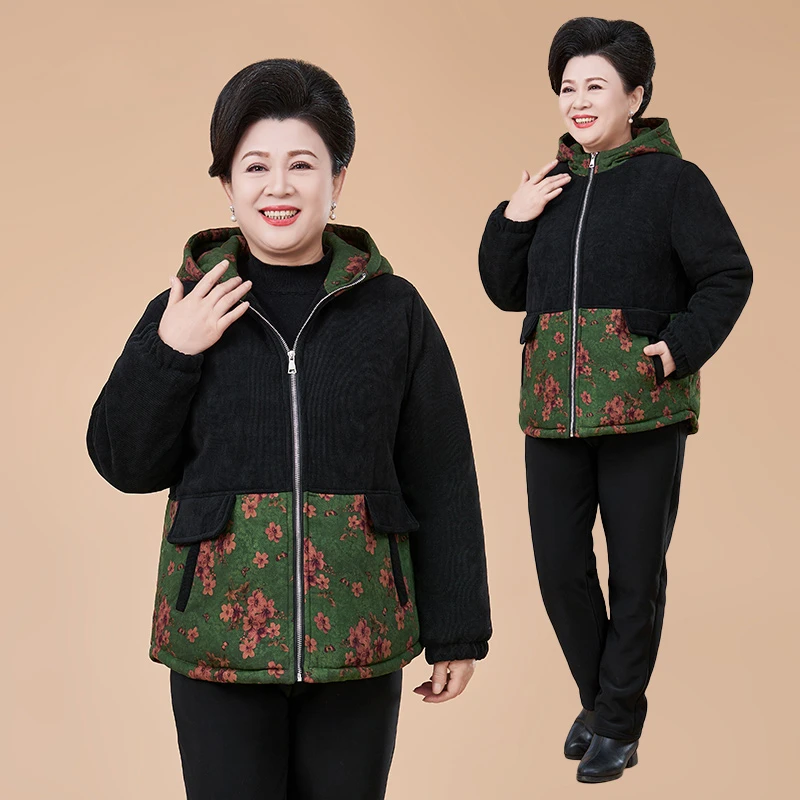 母亲洋气衣服秋冬新中式气质妈妈装斜插双口袋加绒连帽拉链款棉衣