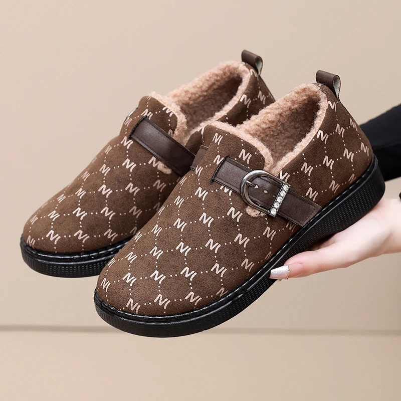 2023冬季新款加绒保暖妈妈鞋女时尚保暖一脚蹬休闲棉鞋防滑雪地靴