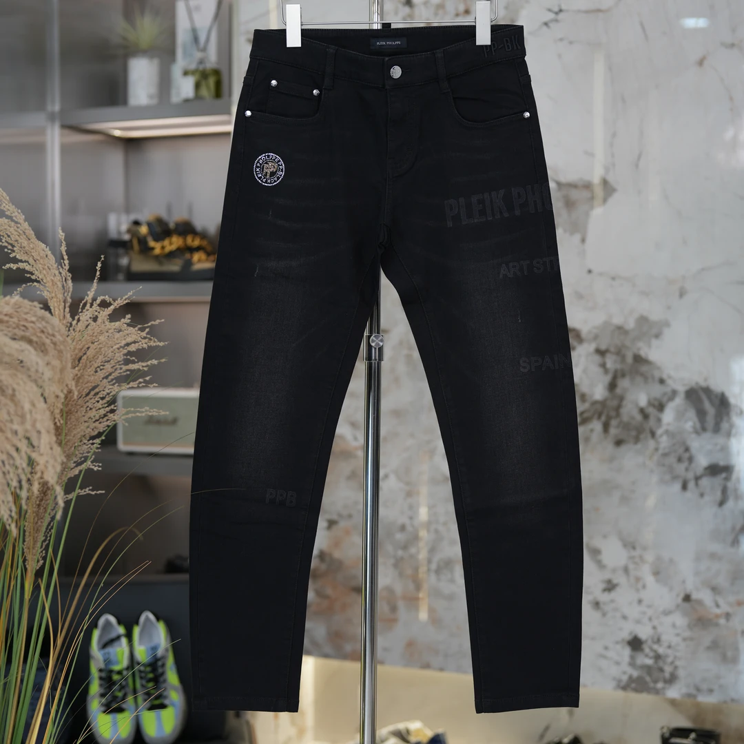 【PLEIK PHOLPPE黑标】秋冬黑金烫钻百搭小直筒修身黑色重工牛仔裤